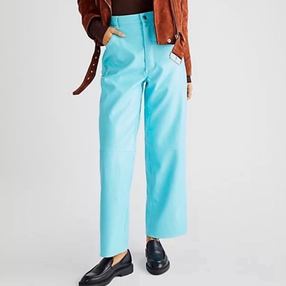 Free People The It Factor Pant Vegan Leather High Rise Straight Leg Blue Size 0